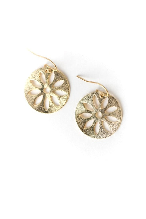 Brushed Gold Flower Disc Earrings