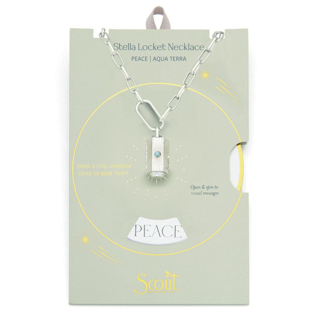 Stella Locket Necklace Peace, Aqua Terra + Silver