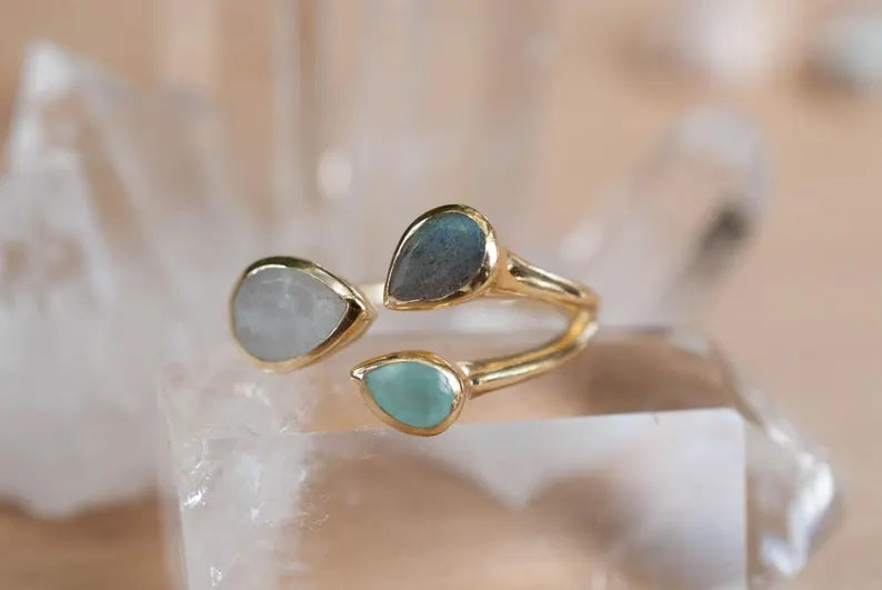 Thayne Ring Labradorite, Moonstone, Aqua Chalcedony + Gold