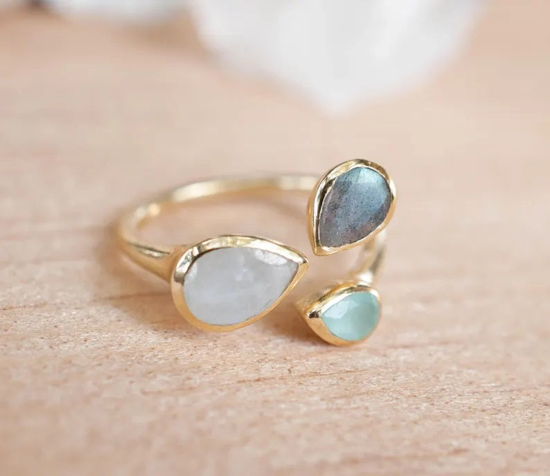 Thayne Ring Labradorite, Moonstone, Aqua Chalcedony + Gold