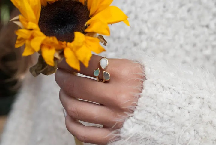 Thayne Ring Labradorite, Moonstone, Aqua Chalcedony + Gold