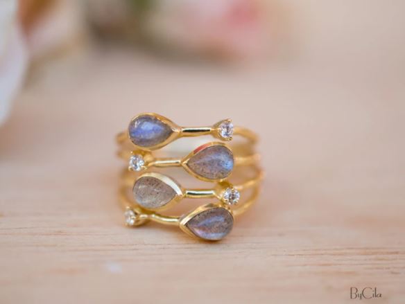 Francis Ring Rainbow Labradorite, Zirconia + Gold