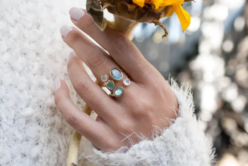 Linda Ring Labradorite, Moonstone, Aqua Chalcedony + Gold