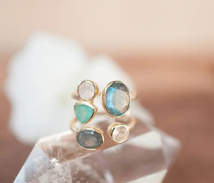 Linda Ring Labradorite, Moonstone, Aqua Chalcedony + Gold