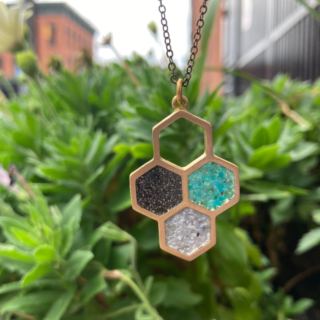 Honeycomb Trio Necklace Pyrite, Turquoise + Amethyst