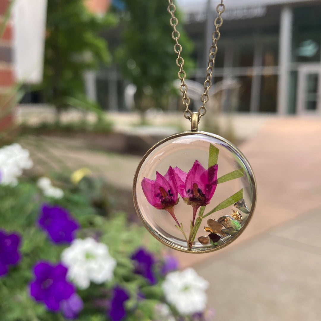 Pressed Botanical Necklace + Raspberry Colored Flowers