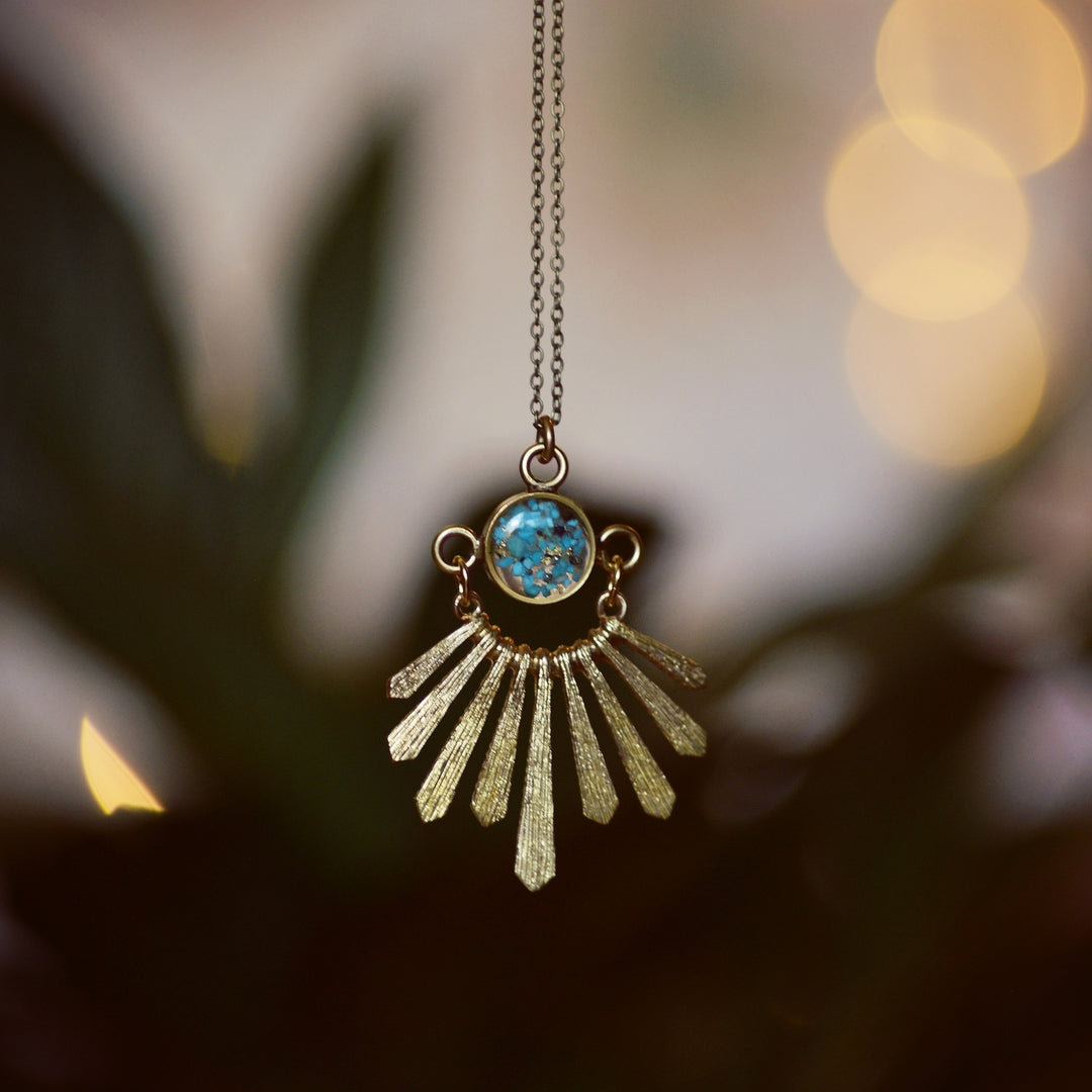 Sunburst Necklace Turquoise + Gold Leaf