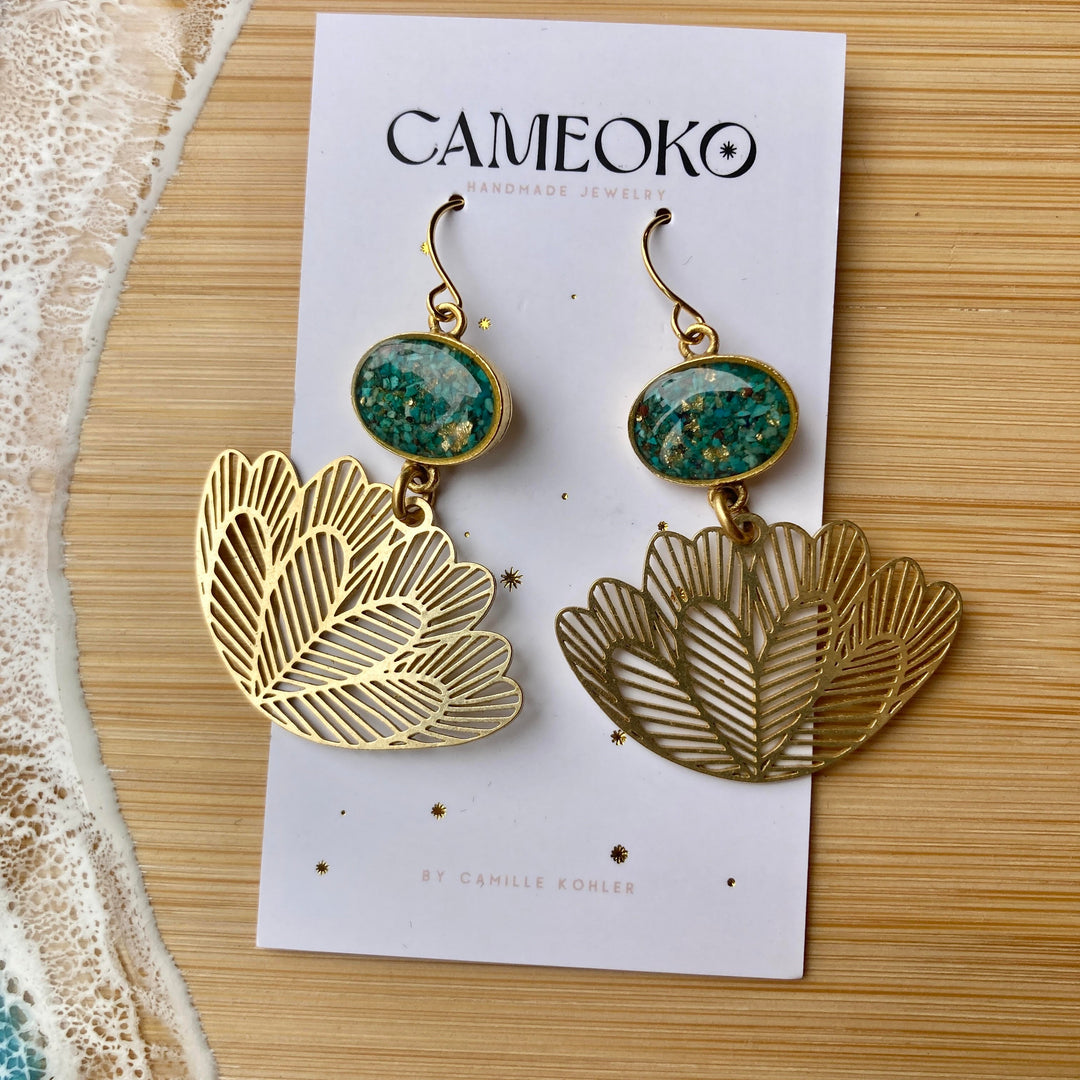 Zoe Lotus Dangle Earrings Chrysacolla and Gold Leaf