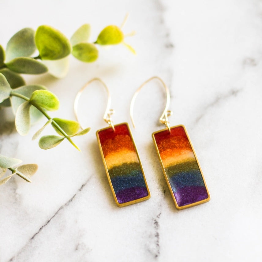 Rainbow Rectangle Brass Earrings