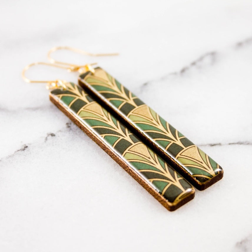 Green + Gold Deco Bar Earrings