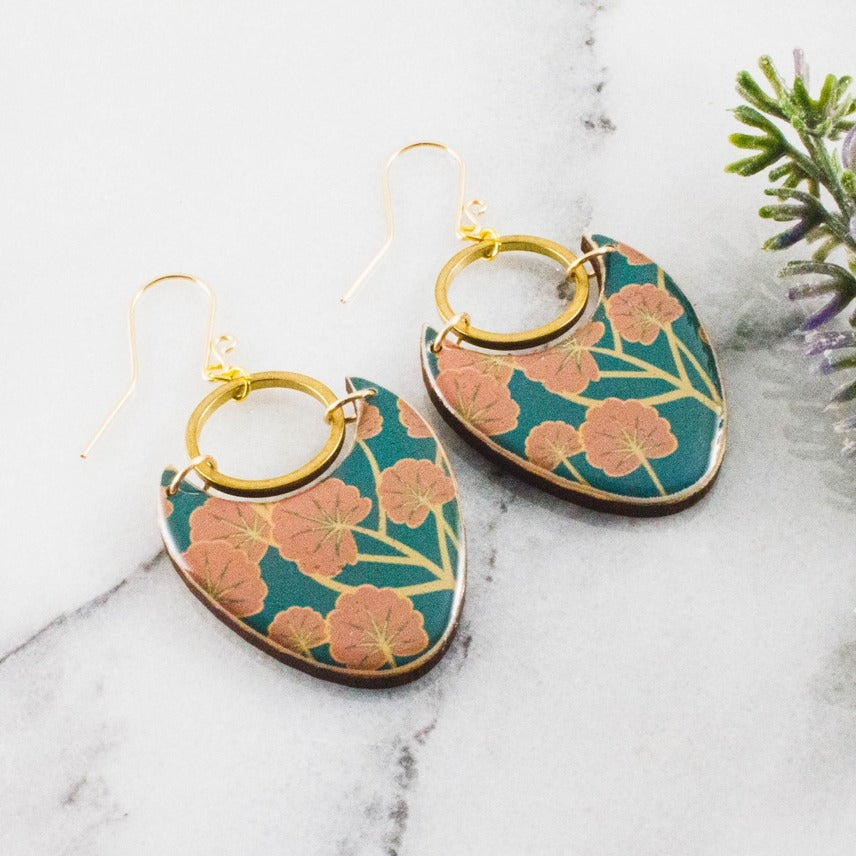 Teal + Pink Floral Brass Ring Earrings