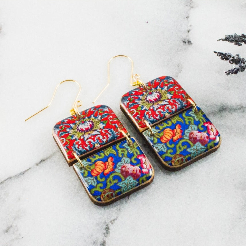 Red + Blue Chinese Rectangle Earrings