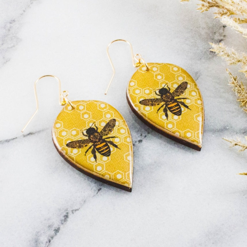 Honeycomb + Bee Leaf Drop Earrings