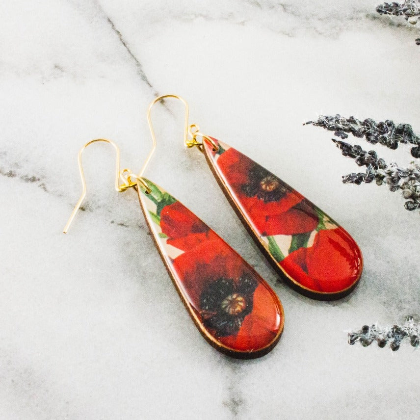 Teardrop Red Poppy Earrings