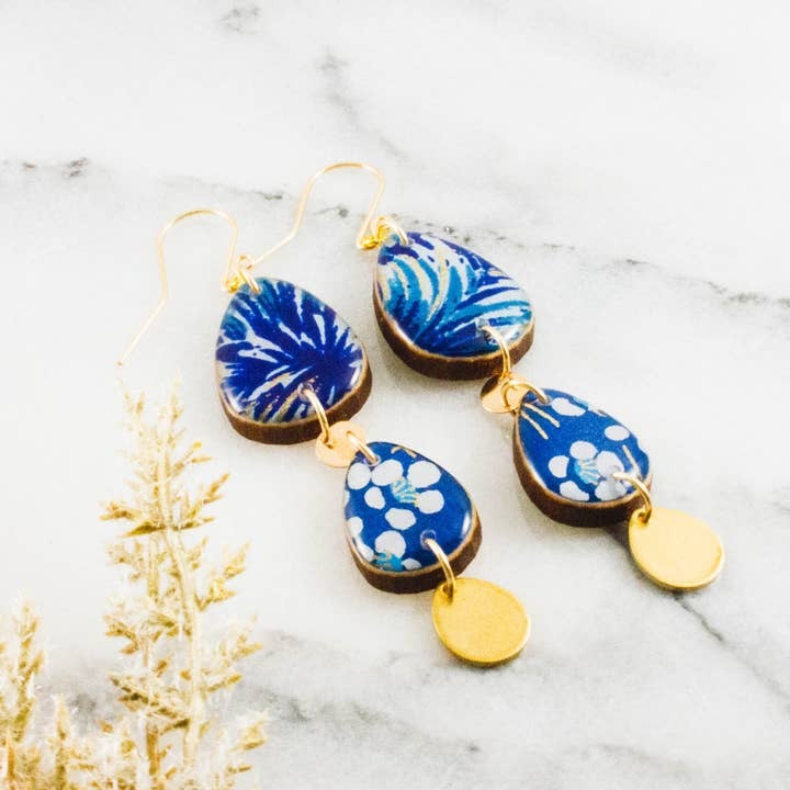 Triple Raindrop Earrings Blue + Gold