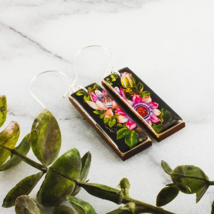 Black + Pink Vintage Botanical Earrings