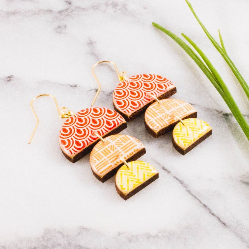 Triple Half Circle Stack Earrings Red, Orange + Yellow