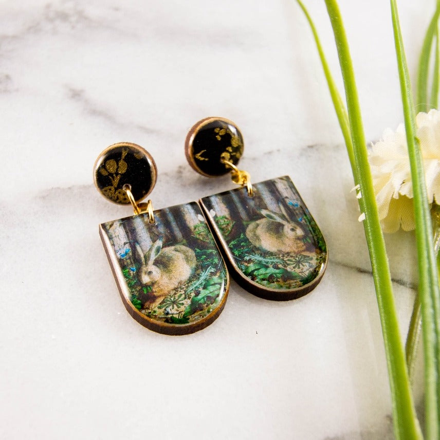 Vintage Forest Rabbit Drop Post Earrings