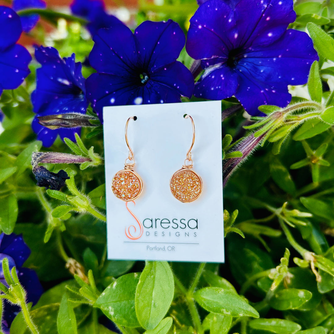 Druzy Bezel Drop Earrings Clementine Rose Gold Filled