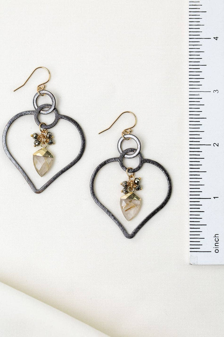 Alchemy Pyrite, Heart Hoop + Gold Rutilated Quartz Earrings