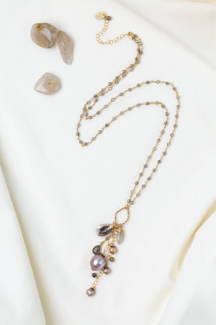 Alchemy Labradorite, Freshwater Pearl, Gold Rutilated Quartz, Abalone + Moonstone Necklace