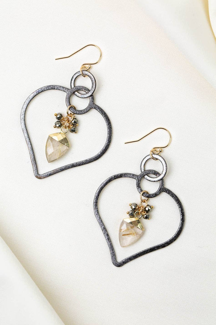 Alchemy Pyrite, Heart Hoop + Gold Rutilated Quartz Earrings