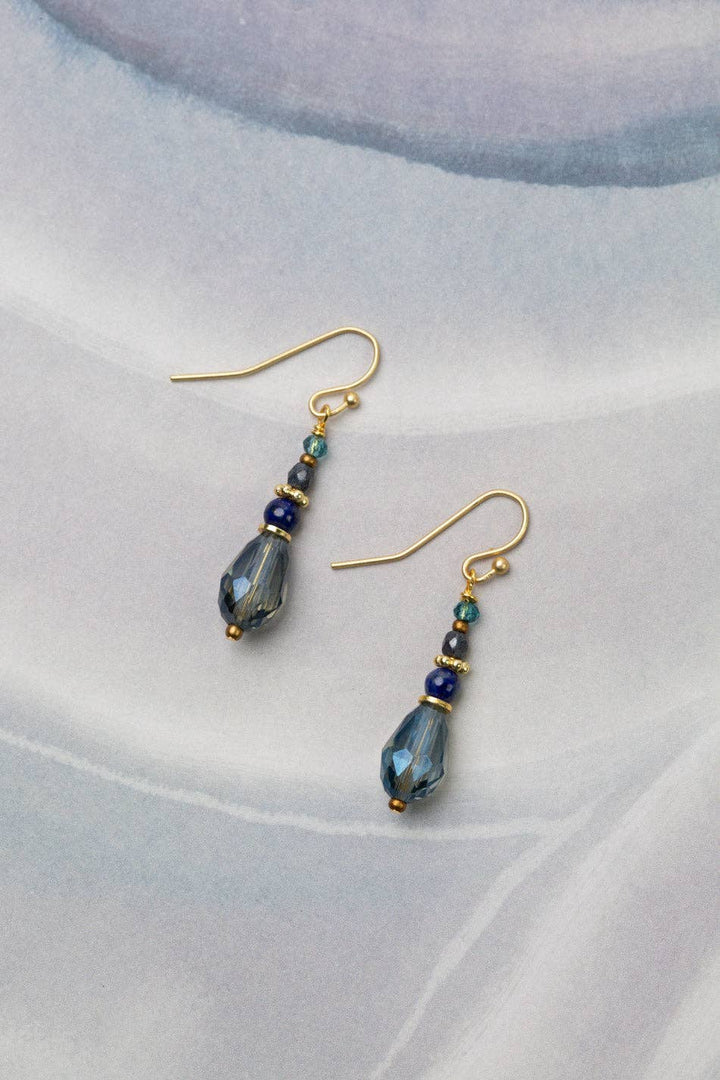 Starry Night Lapis Lazuli, Czech Glass + Blue Faceted Crystal Drop Earrings