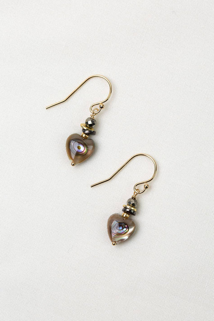 Alchemy Faceted Pyrite + Abalone Shell Hearts Earrings