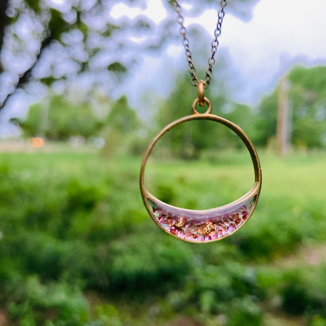 Long Crescent Necklace Garnet + Gold Leaf