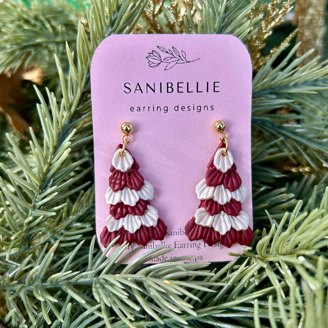 Fluffy Tree Earrings Red + White