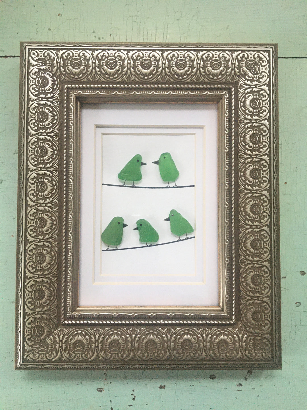 5 Green Birds On Wire