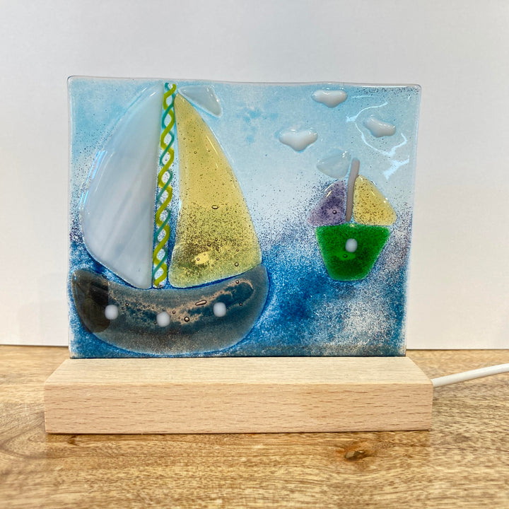 Sailboats in Electric Lighted Wood Base