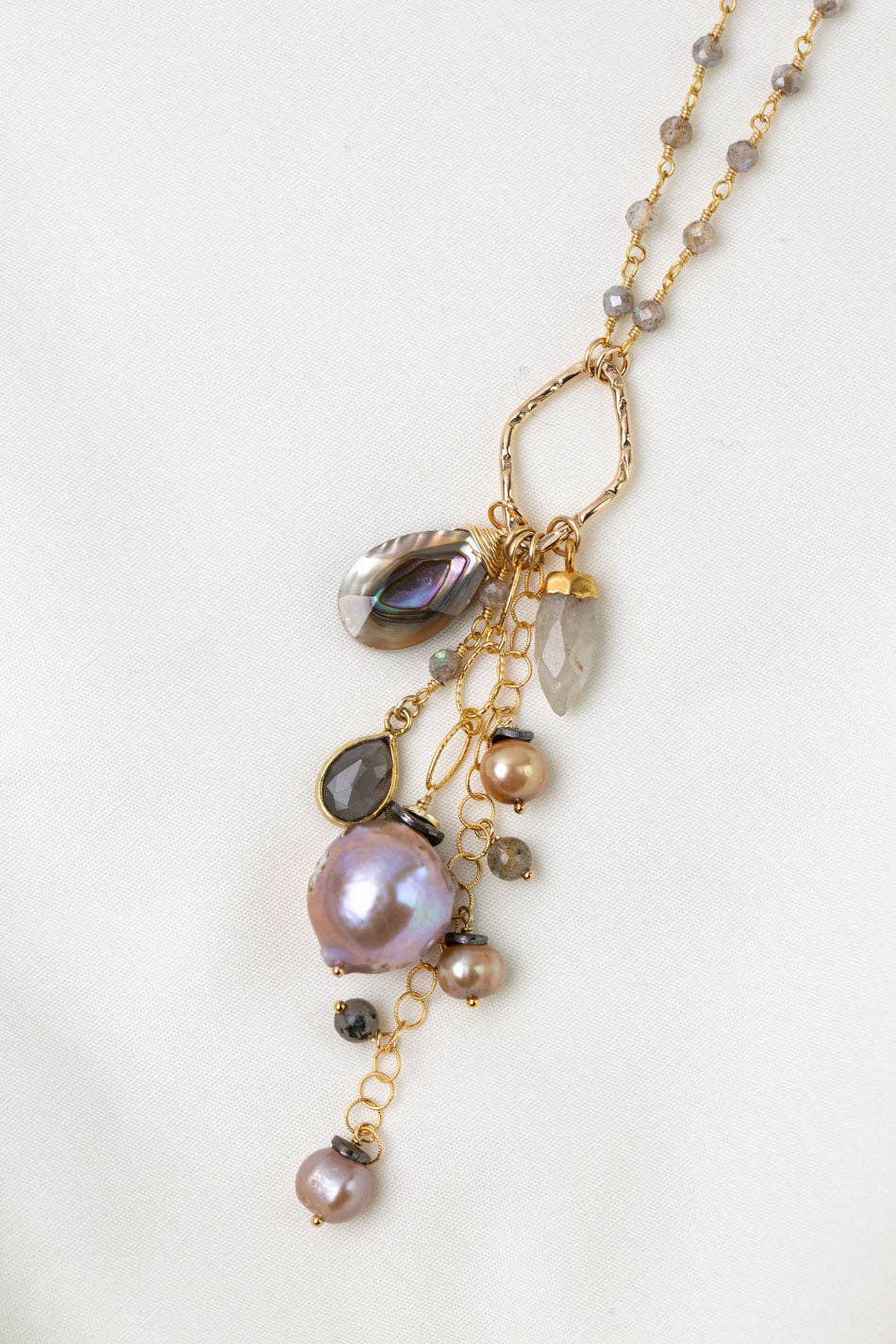 Alchemy Labradorite, Freshwater Pearl, Gold Rutilated Quartz, Abalone + Moonstone Necklace