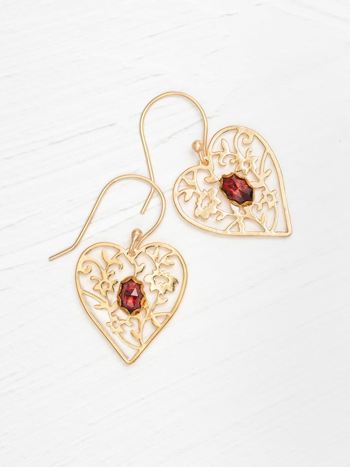 Blooming Heart Earrings Garnet/Gold