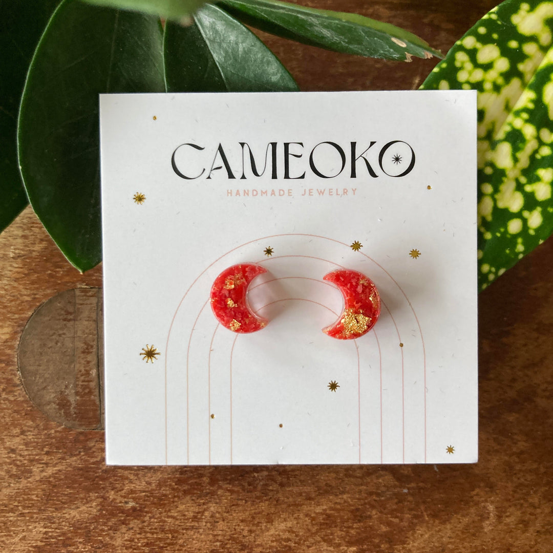 Crushed Gem Moon Earrings Coral