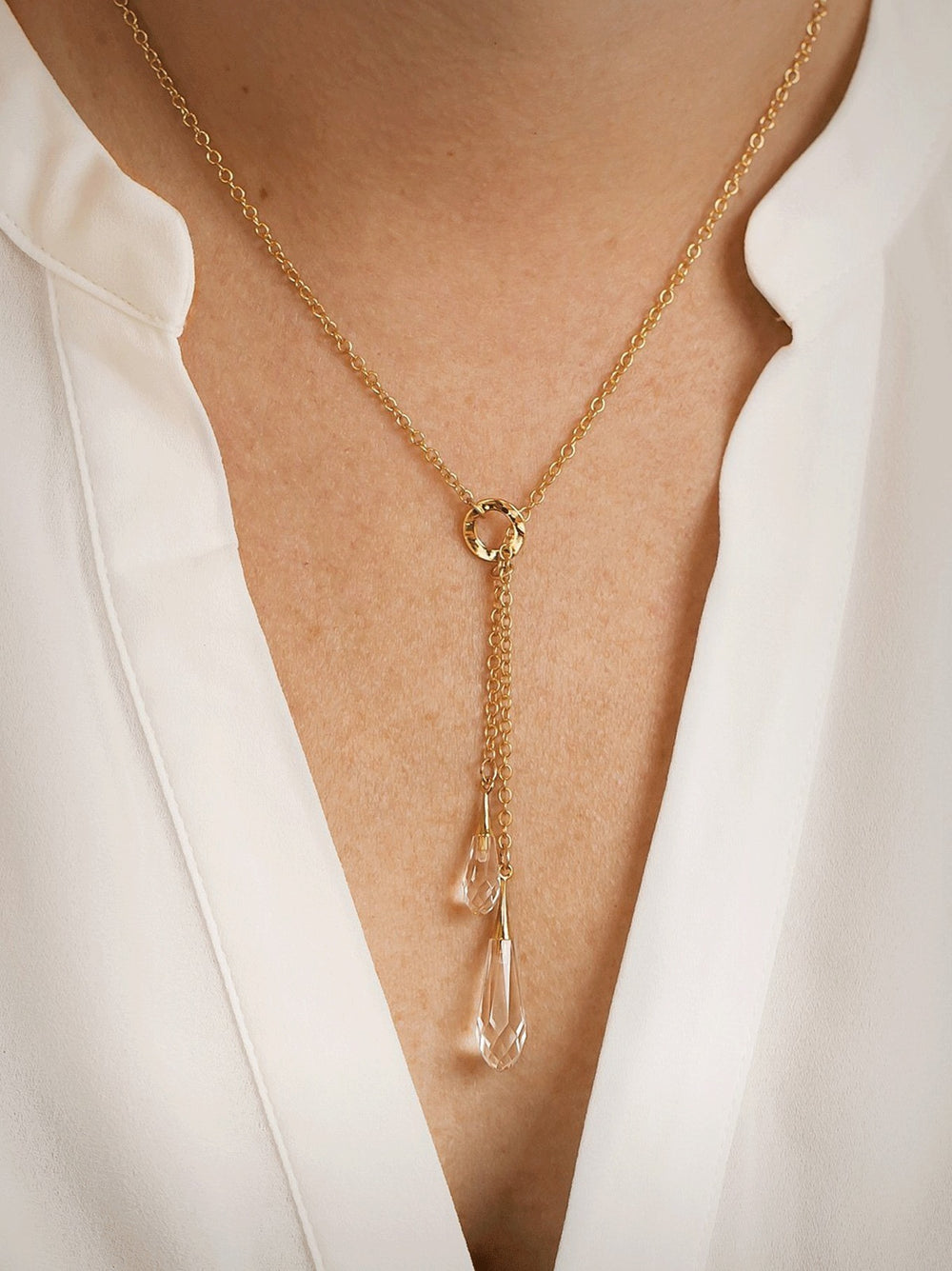 Rain Drop Lariat Necklace Clear + Gold