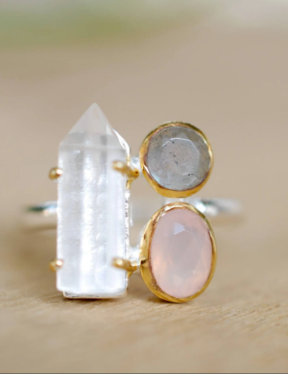 Crystal Ring Rose Quartz Labradorite Sterling Silver 924 and Gold Vermeil