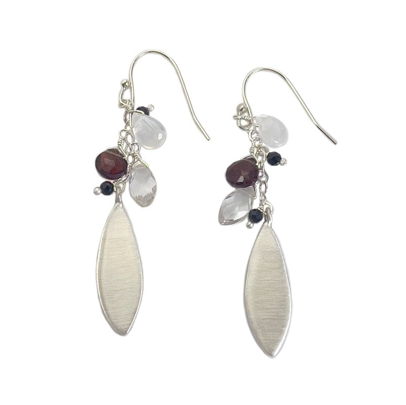 Petal With Garnet, Moonstone, Crystal, Onxy Earrings Silver