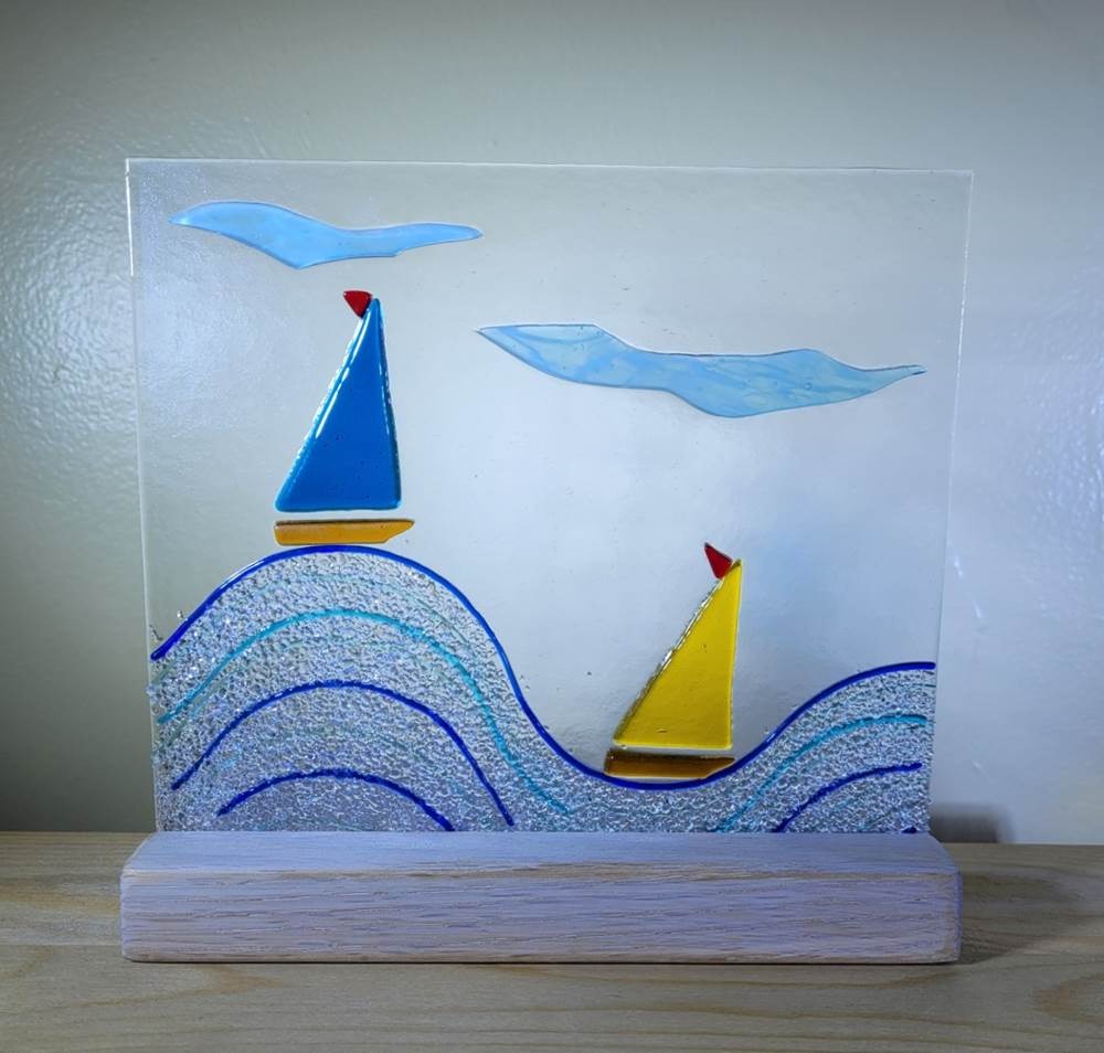 Sailboats Glass Panel + Oak Stand