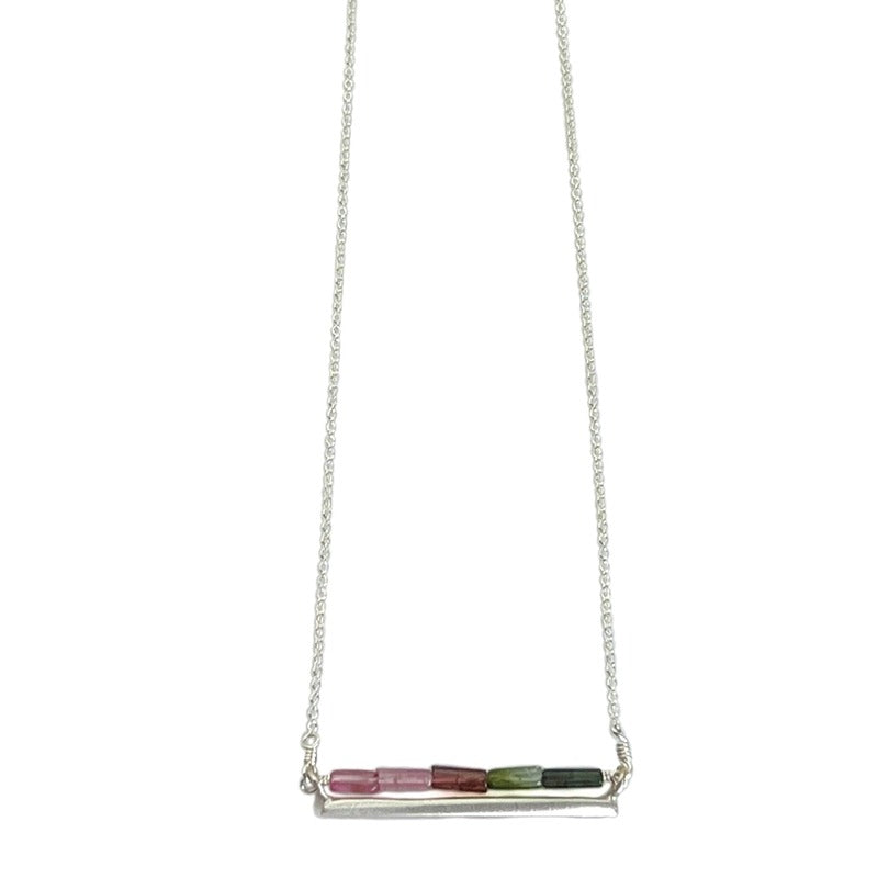 Sideways Bar Multi Tourmaline Necklace Silver