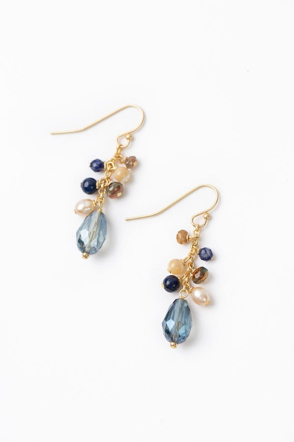 Starry Night Dangle Earrings Mother of Pearl, Blue Crystal + Lapis