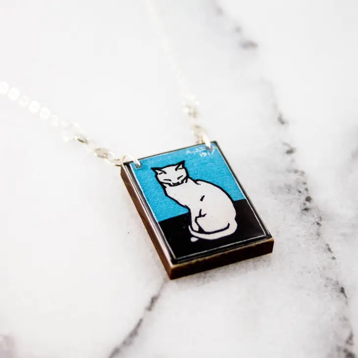 Vintage Linocut Cat Necklace